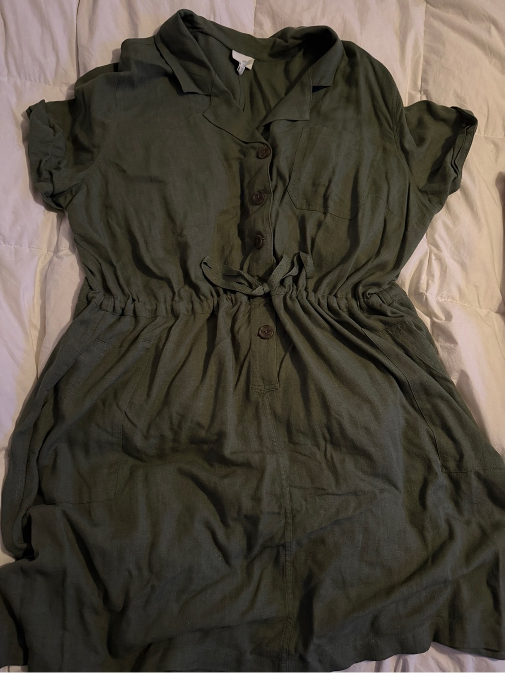 J. Jill Olive Green Button-Front Drawstring Mini Dress